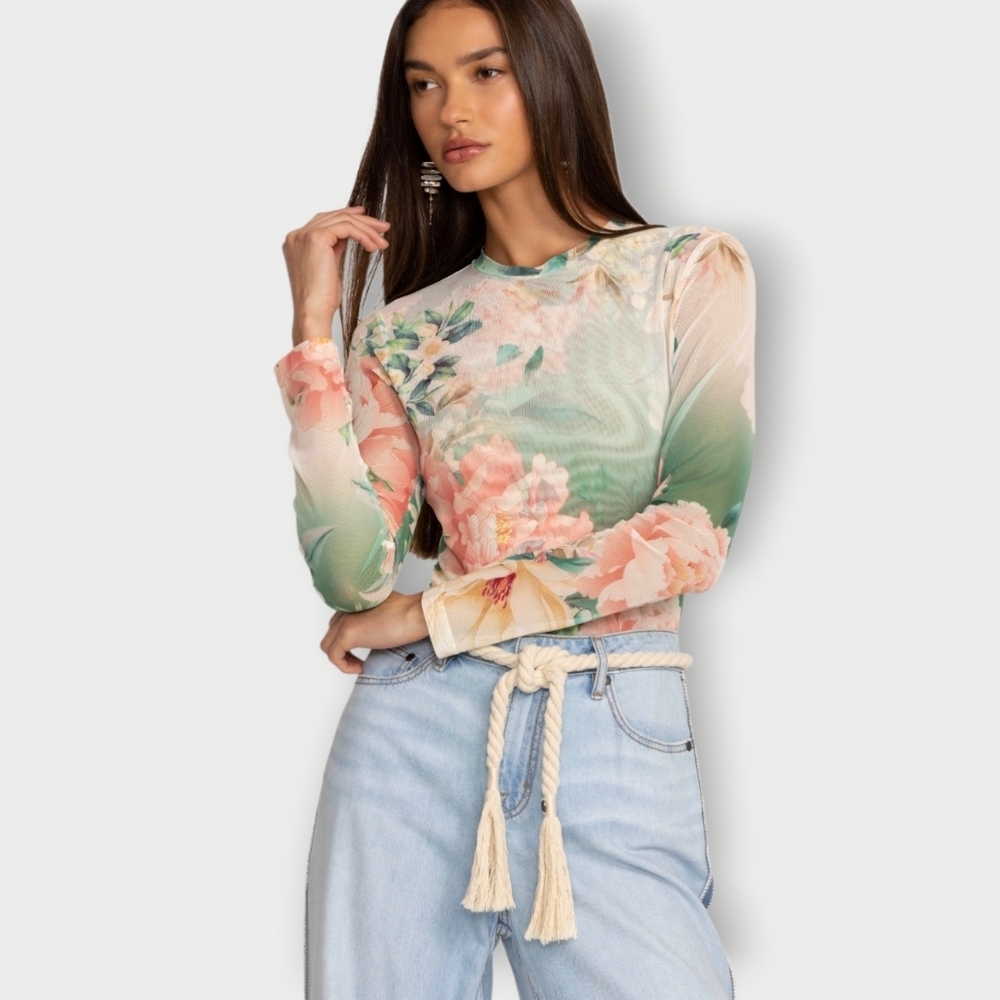 Johnny Was Natalie Mesh Floral Long Sleeve Semi Sheer Top Sz.XS